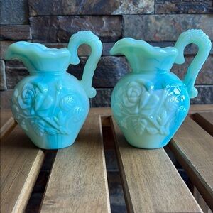Vintage Avon Green Blue and White Floral Small Pitchers
